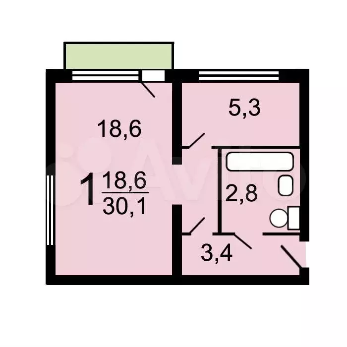 1-к. квартира, 30,1 м, 2/5 эт. - Фото 0