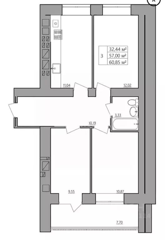 3-к кв. Костромская область, Кострома Индустриальная ул., 53/5 (61.0 ... - Фото 1