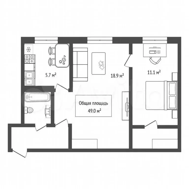 2-к. квартира, 49 м, 1/5 эт. - Фото 1
