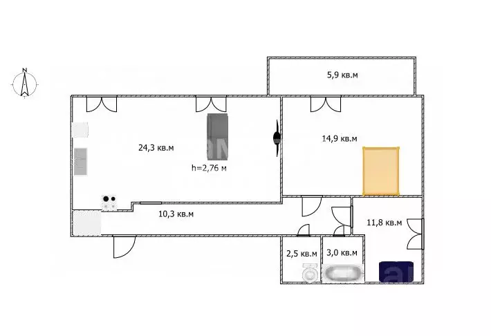 3-к кв. Карелия, Петрозаводск ул. Попова, 15 (66.8 м) - Фото 2