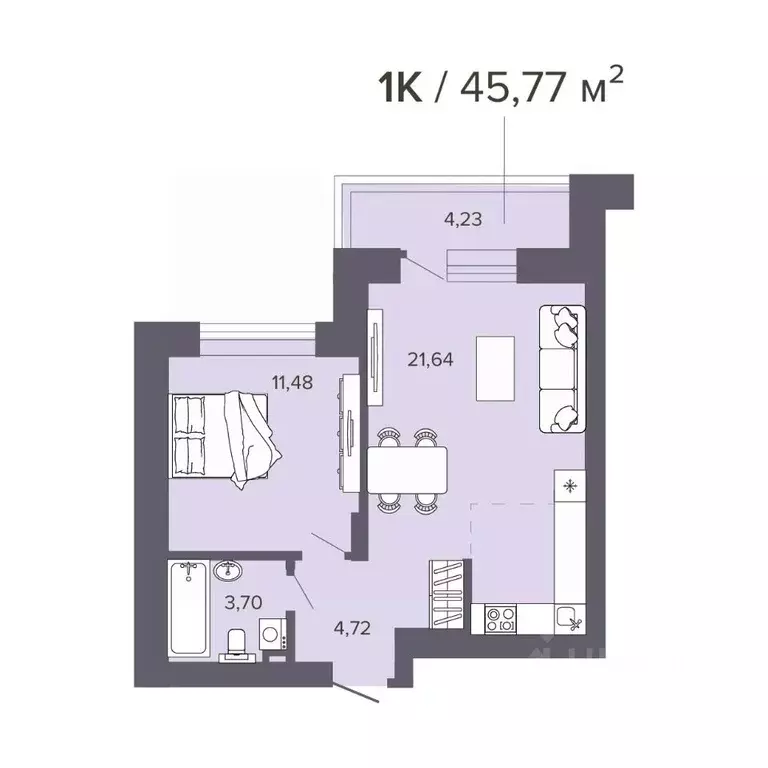 1-к кв. Новосибирская область, Новосибирск Нарымская ул., 22 (45.77 м) - Фото 0