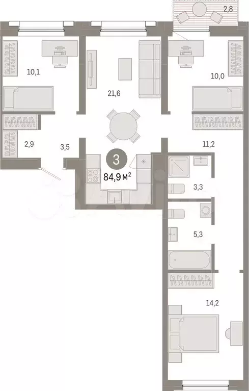 3-к. квартира, 84,9 м, 6/17 эт. - Фото 1
