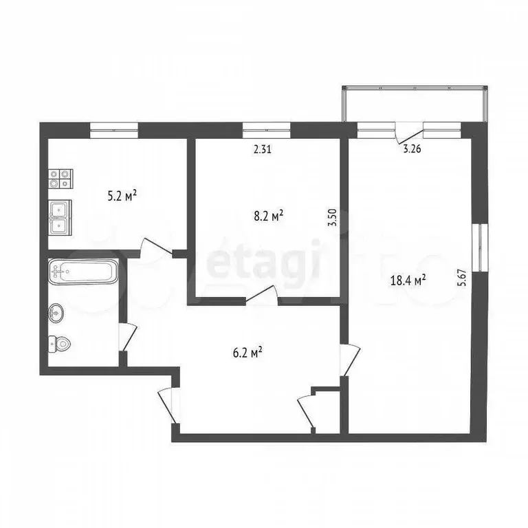 2-к. квартира, 41,7 м, 5/5 эт. - Фото 0