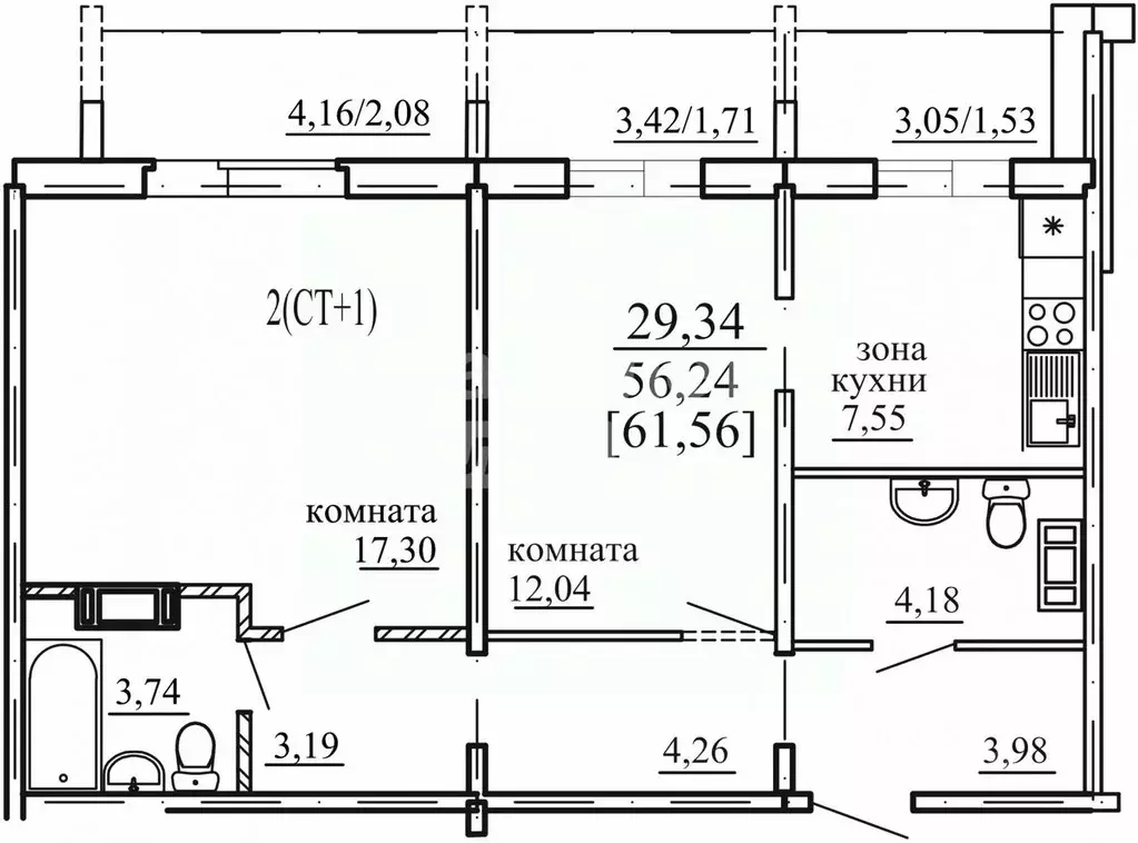 2-к кв. Челябинская область, Челябинск 57-й мкр,  (56.24 м) - Фото 2