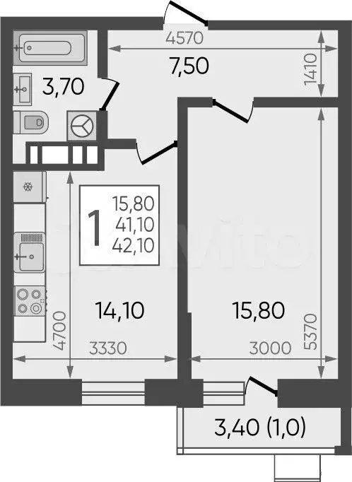 1-к. квартира, 42,1м, 6/12эт. - Фото 1