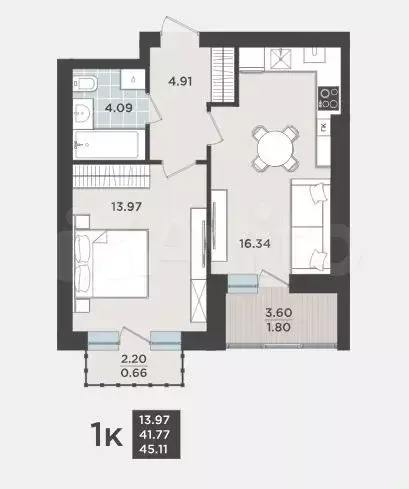 1-к. квартира, 41,8 м, 8/9 эт. - Фото 1