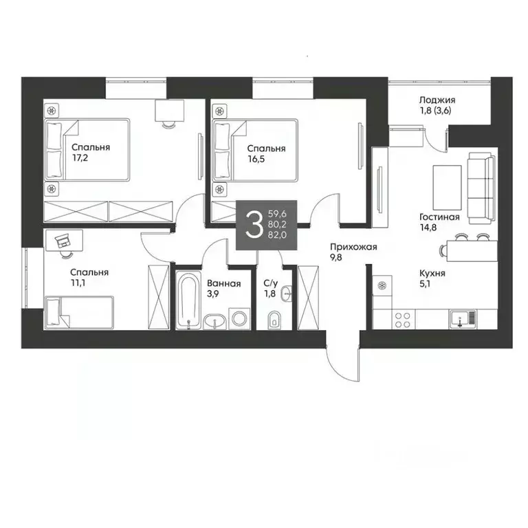 3-к кв. Татарстан, Альметьевск ул. Гафиатуллина, 60 (82.0 м) - Фото 0