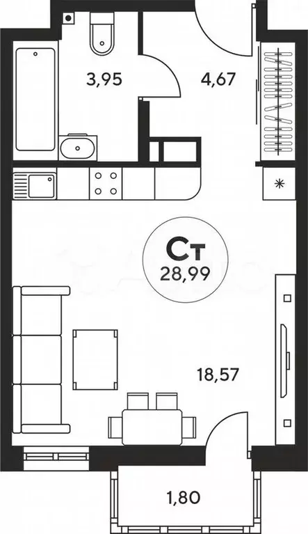 Квартира-студия, 29м, 12/25эт. - Фото 1