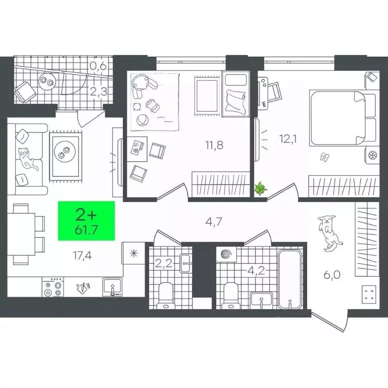 2-к кв. Тюменская область, Тюмень ул. Николая Глебова, 10 (61.73 м) - Фото 0