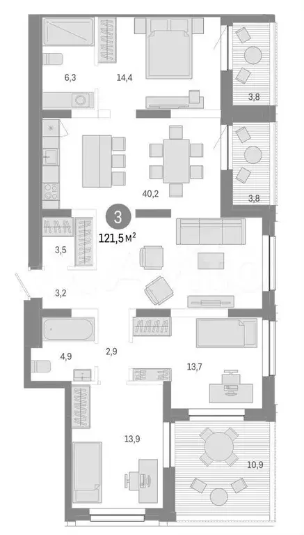 4-к. квартира, 121,5 м, 13/14 эт. - Фото 0