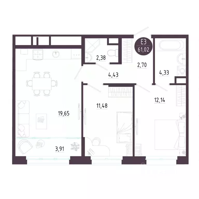 2-к кв. Тульская область, Тула ул. Пряничная, 6 (61.02 м) - Фото 0