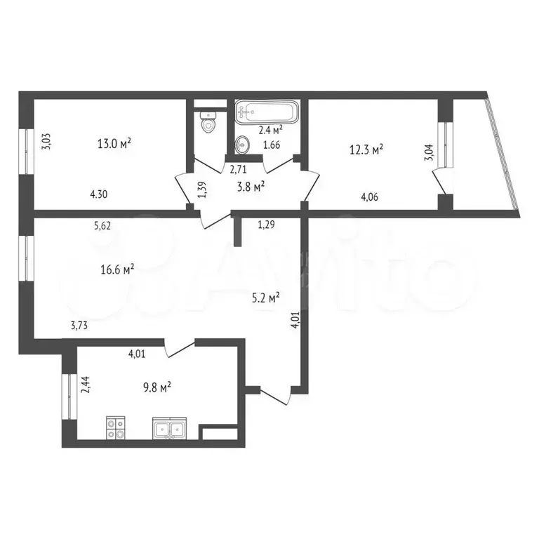 3-к. квартира, 65 м, 3/9 эт. - Фото 1
