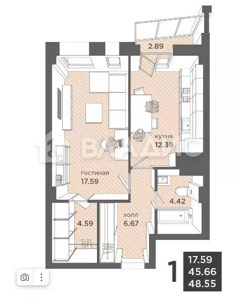 1-комнатная квартира: Калининград, улица Гайдара, 90 (48.57 м) - Фото 0