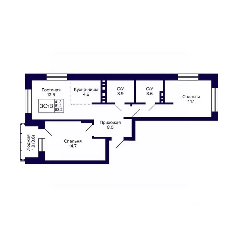3-к кв. Новосибирская область, Новосибирск 18-й Бронный пер., 16 (63.2 ... - Фото 1
