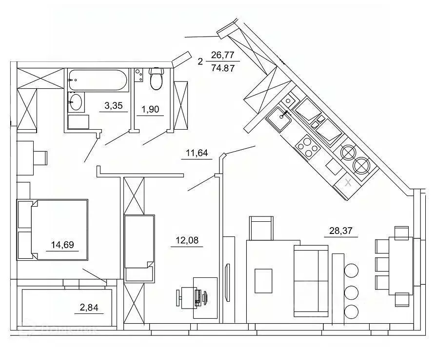 2-к кв. Рязанская область, Рязань ул. Земнухова (74.87 м) - Фото 1