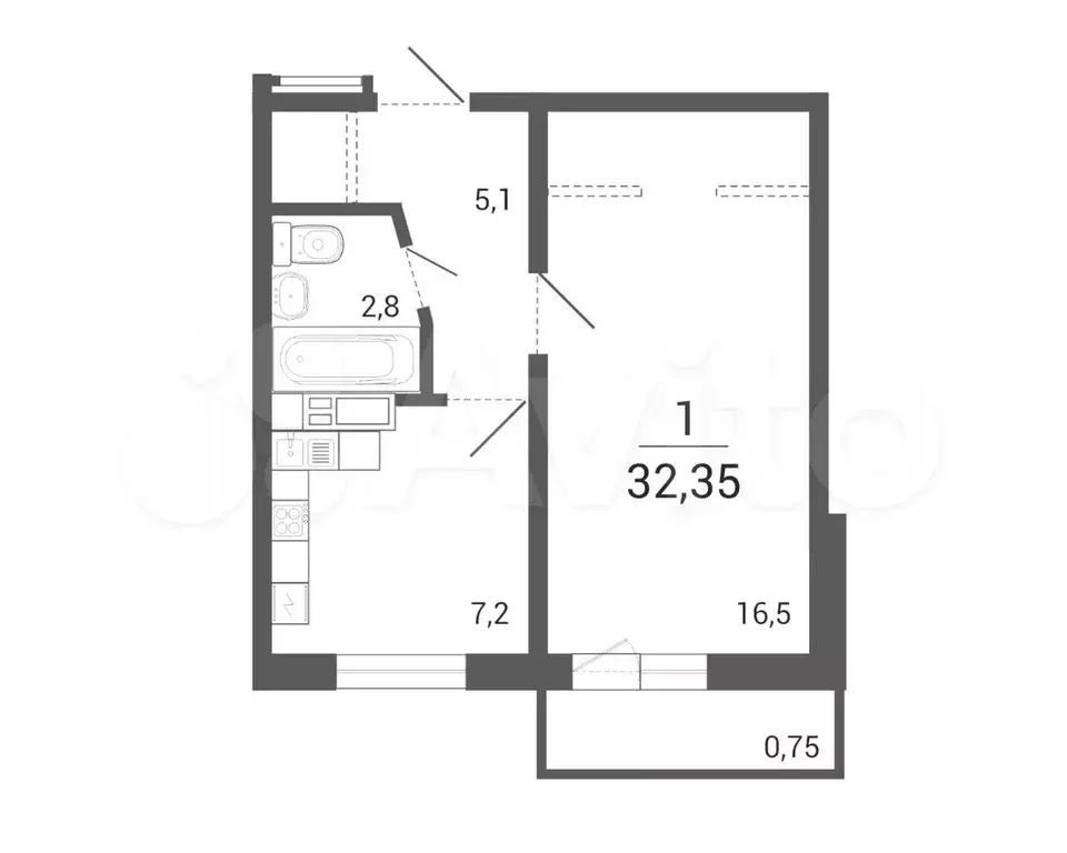 1-к. квартира, 32,4 м, 4/10 эт. - Фото 0