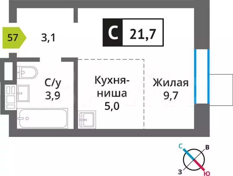 Квартира-студия, 21,7 м, 2/9 эт. - Фото 0