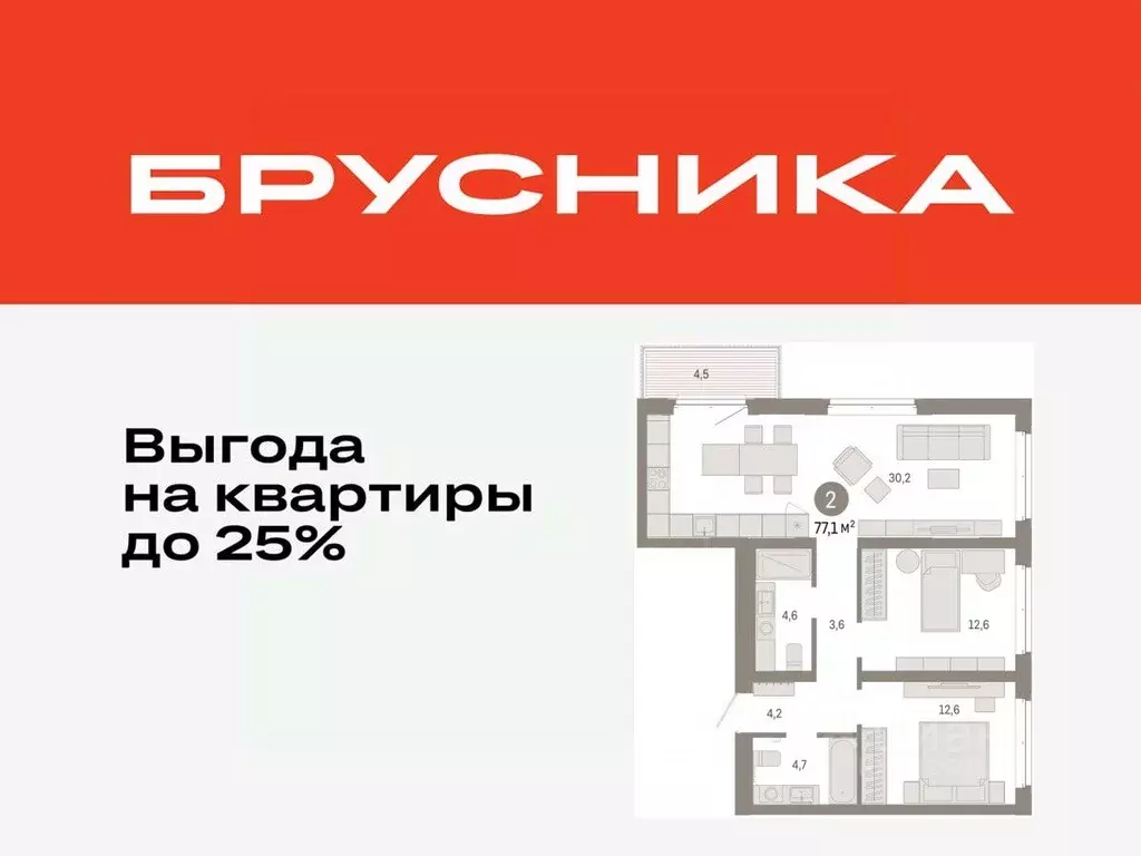 2-к кв. Тюменская область, Тюмень На Минской жилой комплекс (77.05 м) - Фото 0
