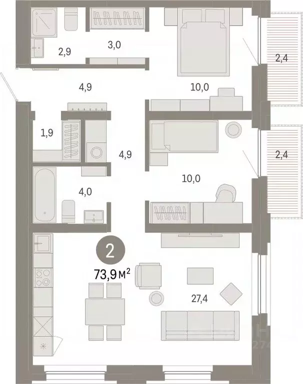 2-к кв. Тюменская область, Тюмень Мысовская ул., 26к2 (73.92 м) - Фото 1