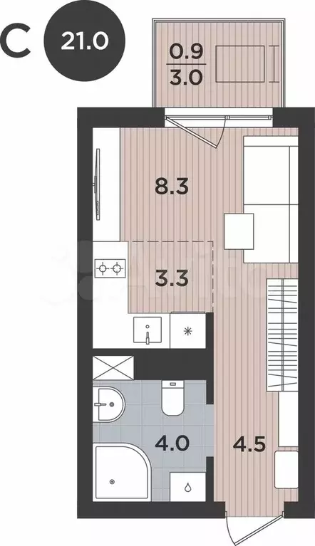 1-к. квартира, 21 м, 3/9 эт. - Фото 1