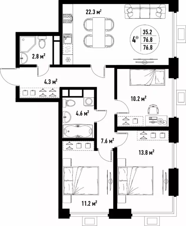 4-к кв. Астраханская область, Астрахань ул. Бэра, 29 (76.8 м) - Фото 2