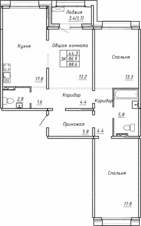 Свободной планировки кв. Новосибирская область, Новосибирск  (88.6 м) - Фото 0