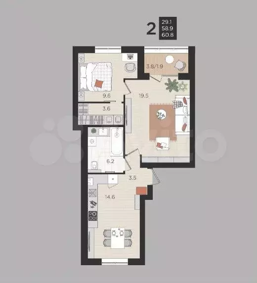 2-к. квартира, 58,9 м, 2/4 эт. - Фото 1
