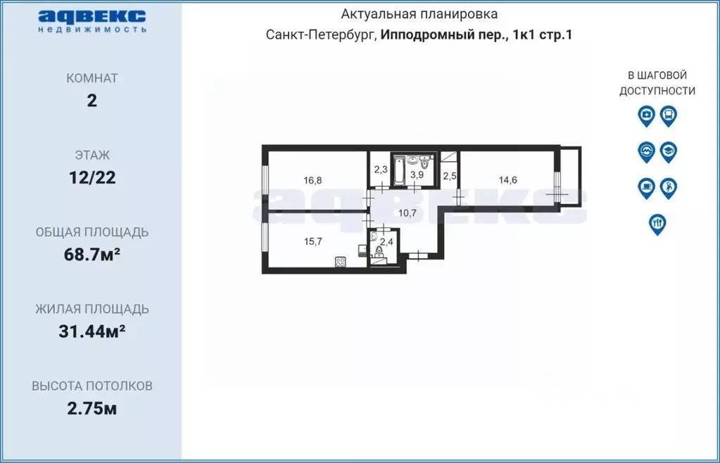 2-к кв. Санкт-Петербург пер. Ипподромный, 1к1 (68.7 м) - Фото 2