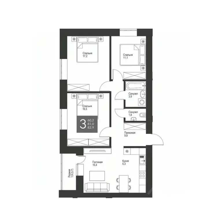 3-к кв. Татарстан, Альметьевск ул. Гафиатуллина, 60 (82.9 м) - Фото 1