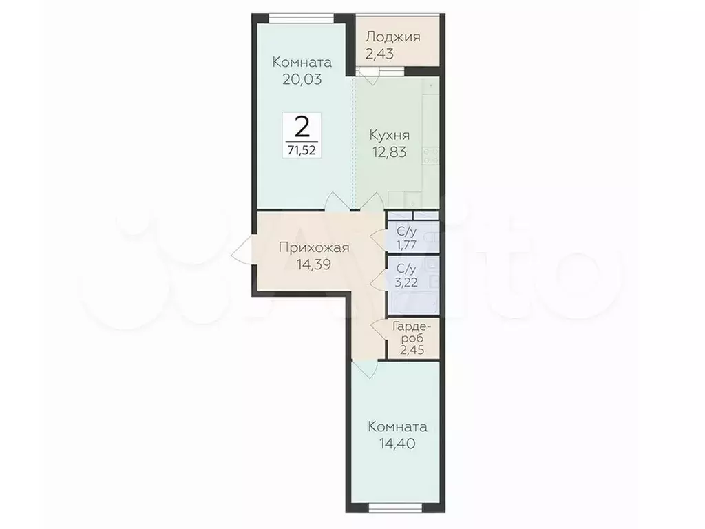 2-к. квартира, 71,5 м, 3/7 эт. - Фото 0
