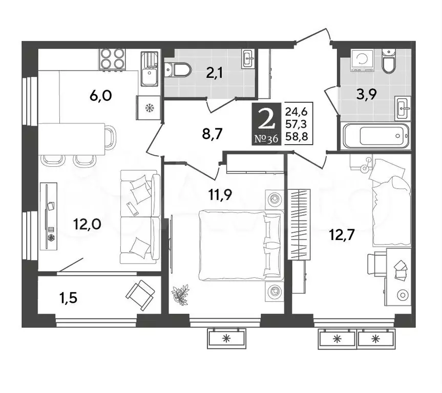 2-к. квартира, 58,8 м, 9/9 эт. - Фото 1