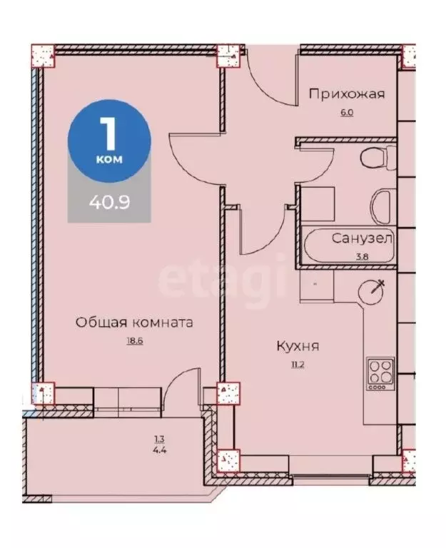 1-комнатная квартира: Калуга, переулок Баррикад, 5 (40.9 м) - Фото 0