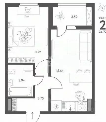 1-к кв. Липецкая область, Липецк ул. Перова, 1 (39.48 м) - Фото 2