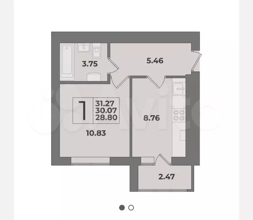 1-к. квартира, 31,3 м, 5/9 эт. - Фото 1