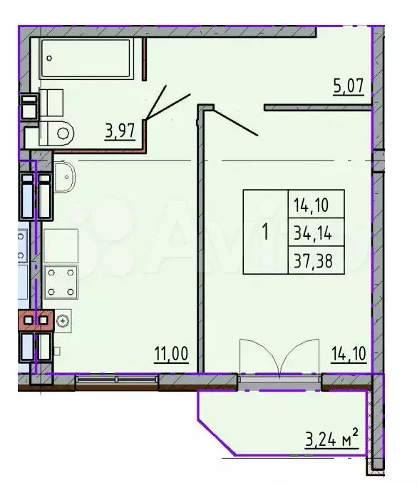 1-к. квартира, 37,3 м, 3/5 эт. - Фото 0