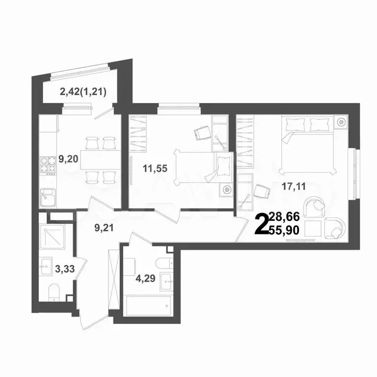 2-к. квартира, 55,9 м, 12/21 эт. - Фото 1