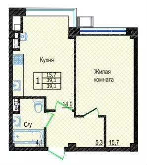 1-к. квартира, 39,1 м, 2/5 эт. - Фото 0