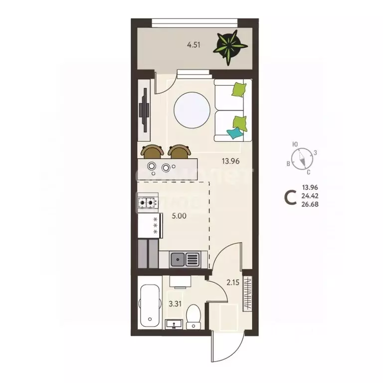 Студия Курская область, Курск ул. Энгельса, 115 (26.68 м) - Фото 1