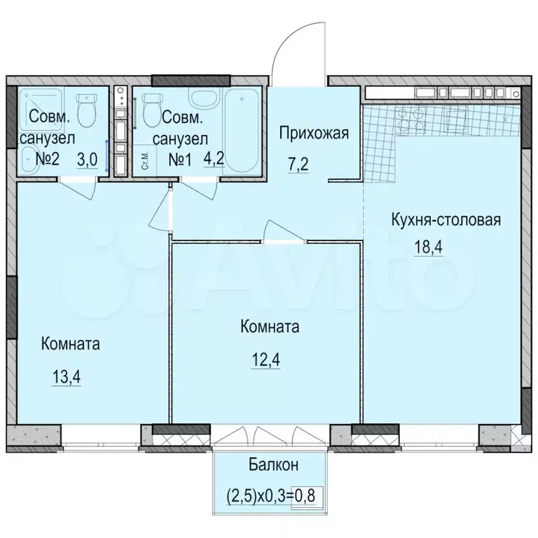 2-к. квартира, 58,6 м, 2/14 эт. - Фото 0