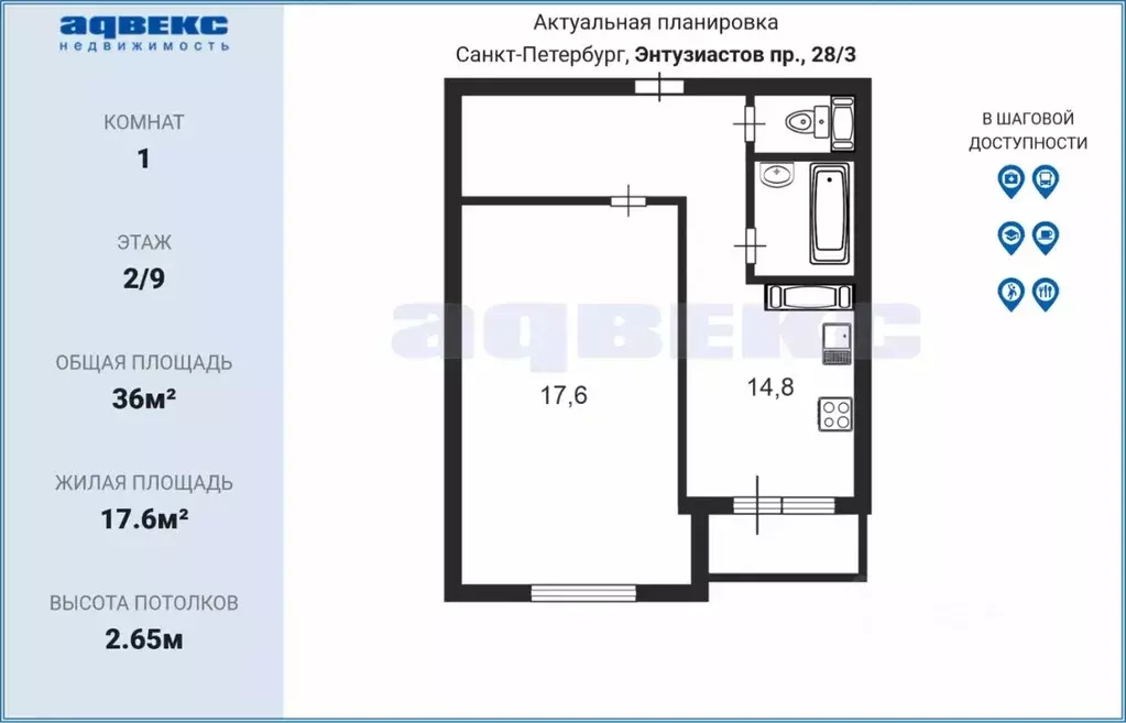 1-к кв. Санкт-Петербург просп. Энтузиастов, 28К3 (36.0 м) - Фото 1