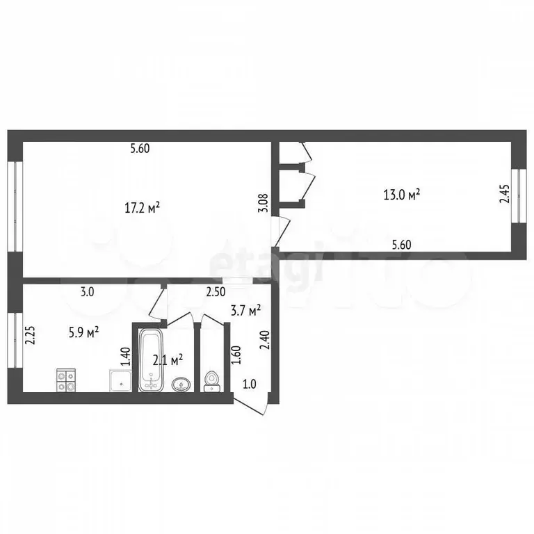 2-к. квартира, 43,8 м, 1/5 эт. - Фото 0