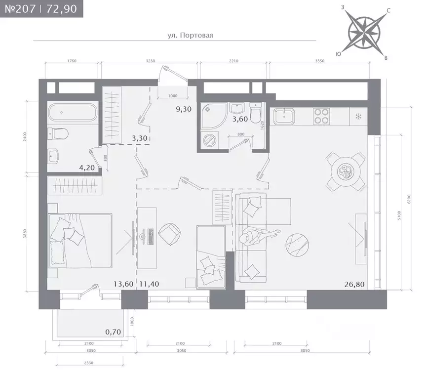 2-к кв. Татарстан, Казань 1712 жилой комплекс (72.9 м) - Фото 1