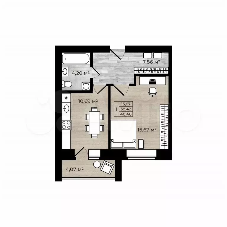 1-к. квартира, 40,5 м, 4/5 эт. - Фото 0