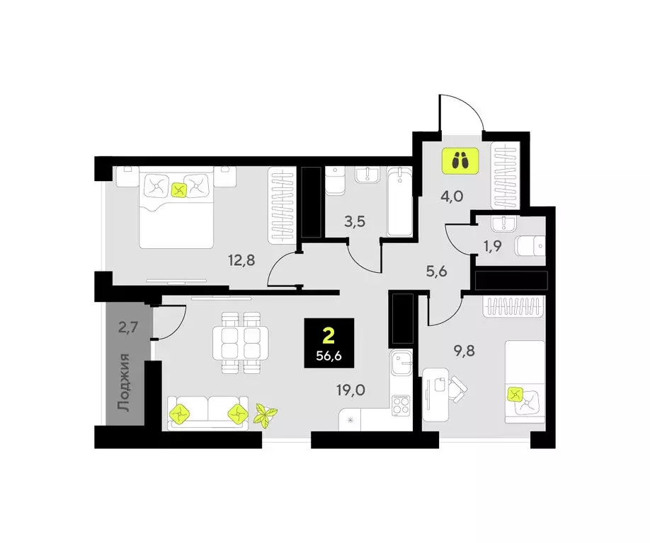2-комнатная квартира: Тюмень, улица Первооткрывателей, 9 (56.6 м) - Фото 1