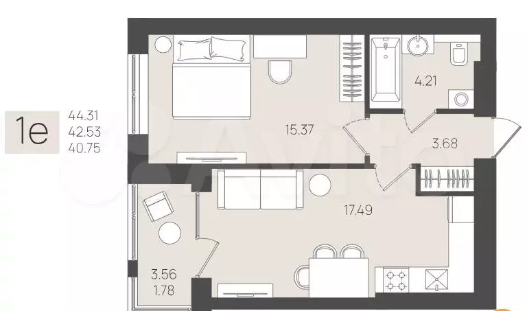 1-к. квартира, 42,5 м, 4/5 эт. - Фото 1