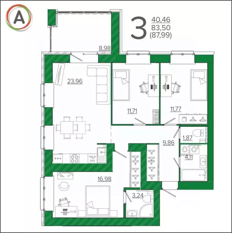 3-к кв. Брянская область, Брянск ул. Имени О.Н. Строкина, 9 (88.0 м) - Фото 1