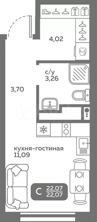 Квартира-студия, 22,1 м, 6/20 эт. - Фото 0