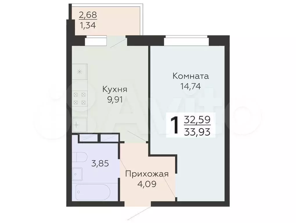 1-к. квартира, 33,9 м, 2/10 эт. - Фото 0
