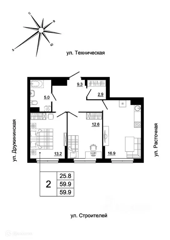 Продаётся 2-к квартира, 58.3 м - Фото 1