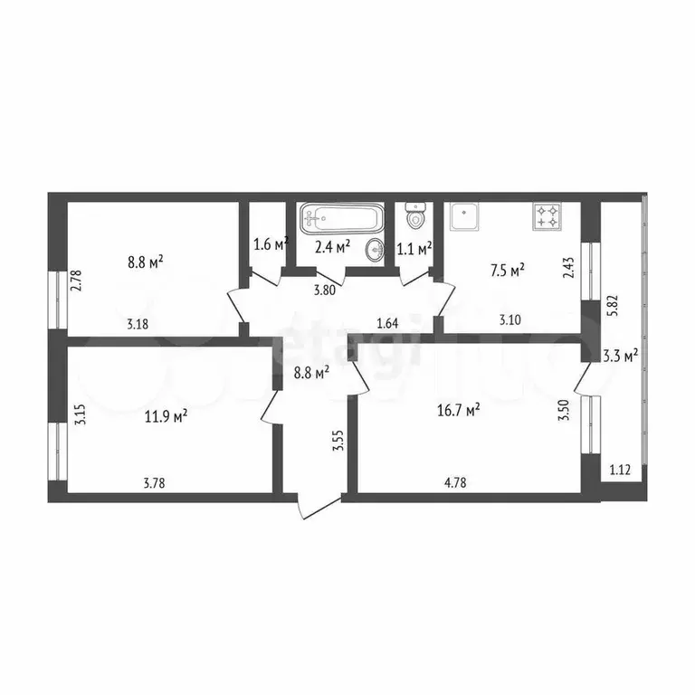 3-к. квартира, 58,8 м, 2/5 эт. - Фото 0